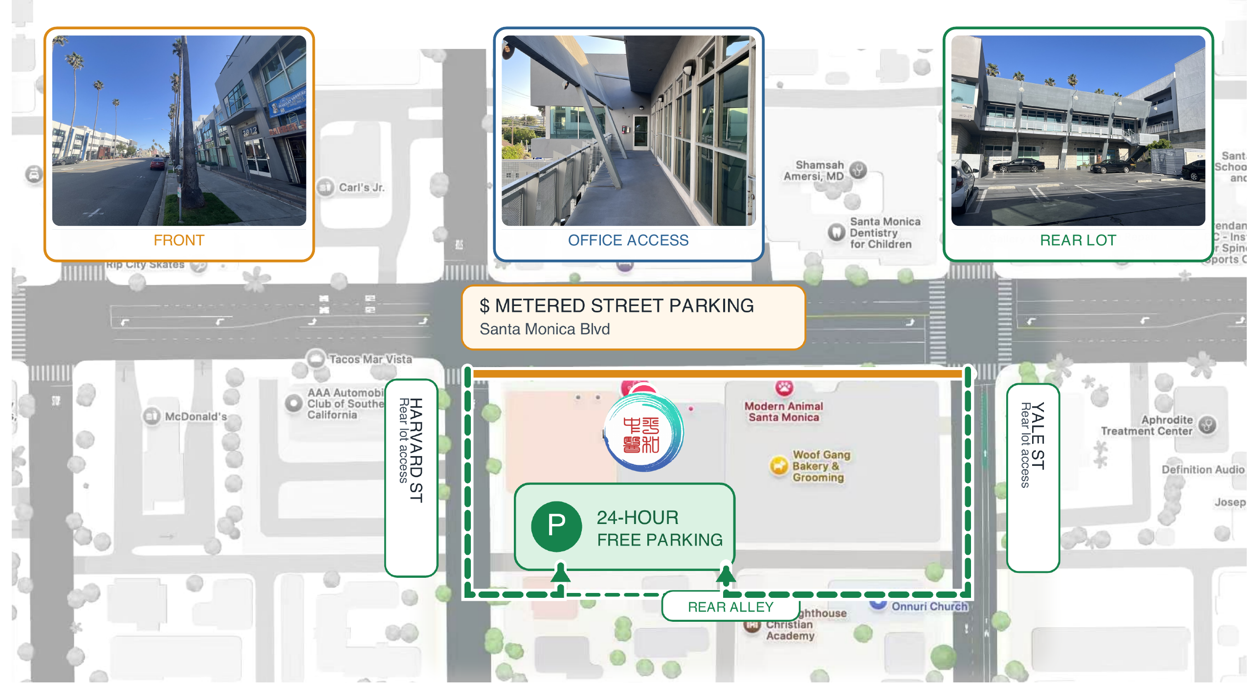 Balance Healthcare parking guide showing the clinic entrance, office access, metered street parking, and free rear parking lot