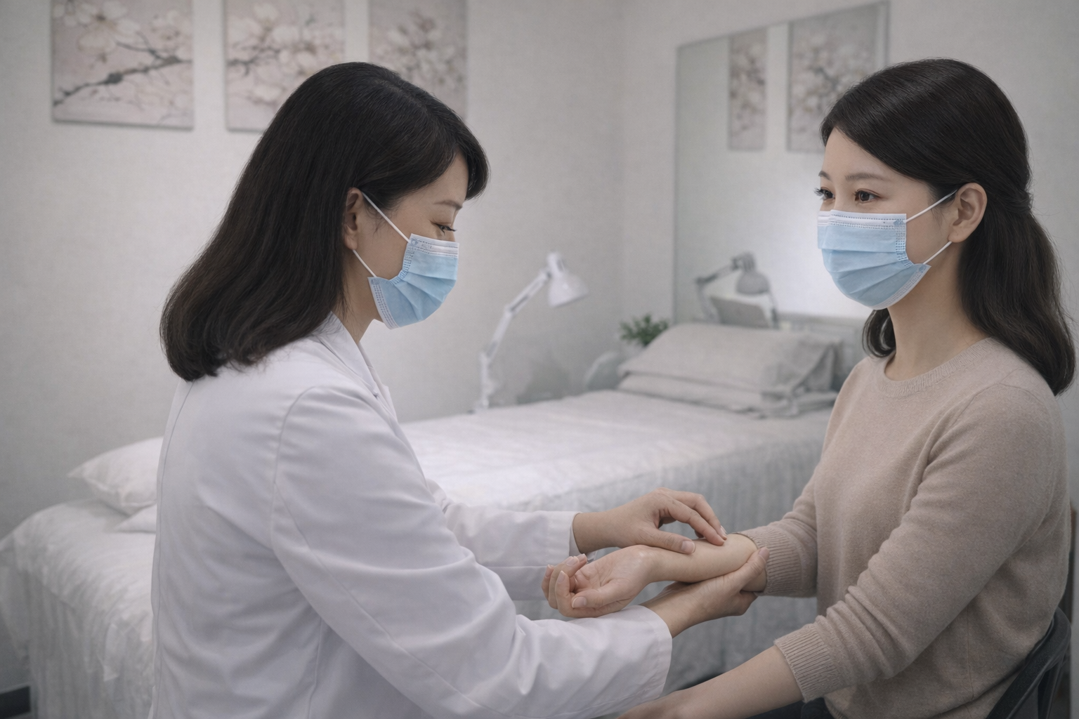 Dr. Ping Wang checking a patient pulse at Balance Healthcare