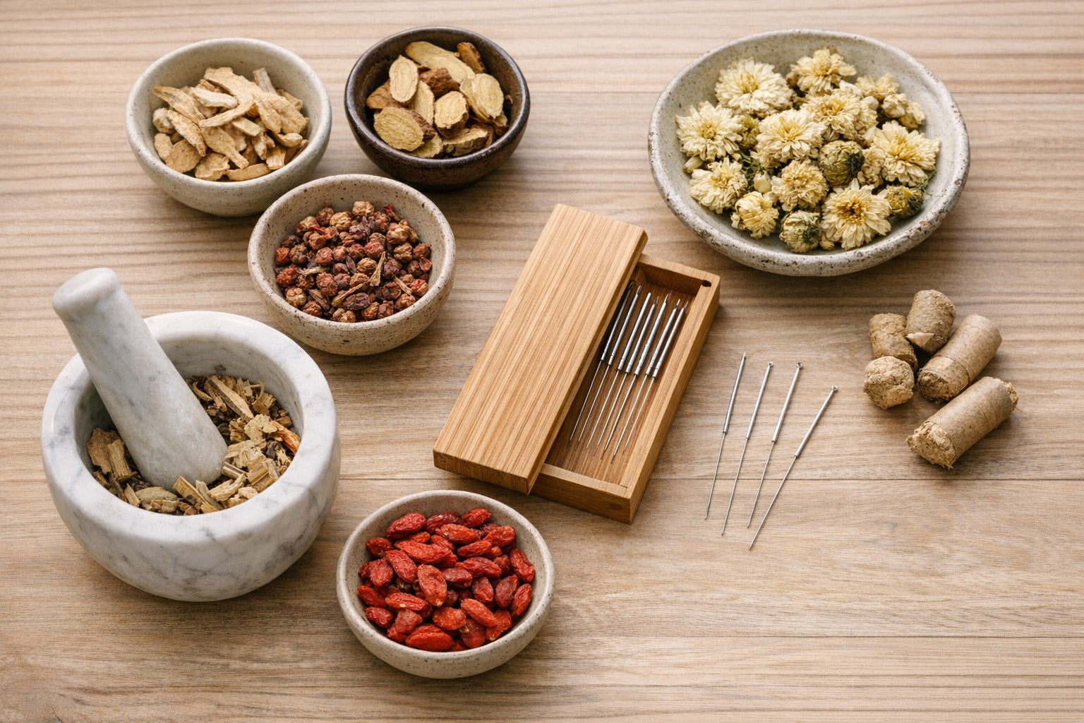 Traditional Chinese Medicine herbs and acupuncture tools