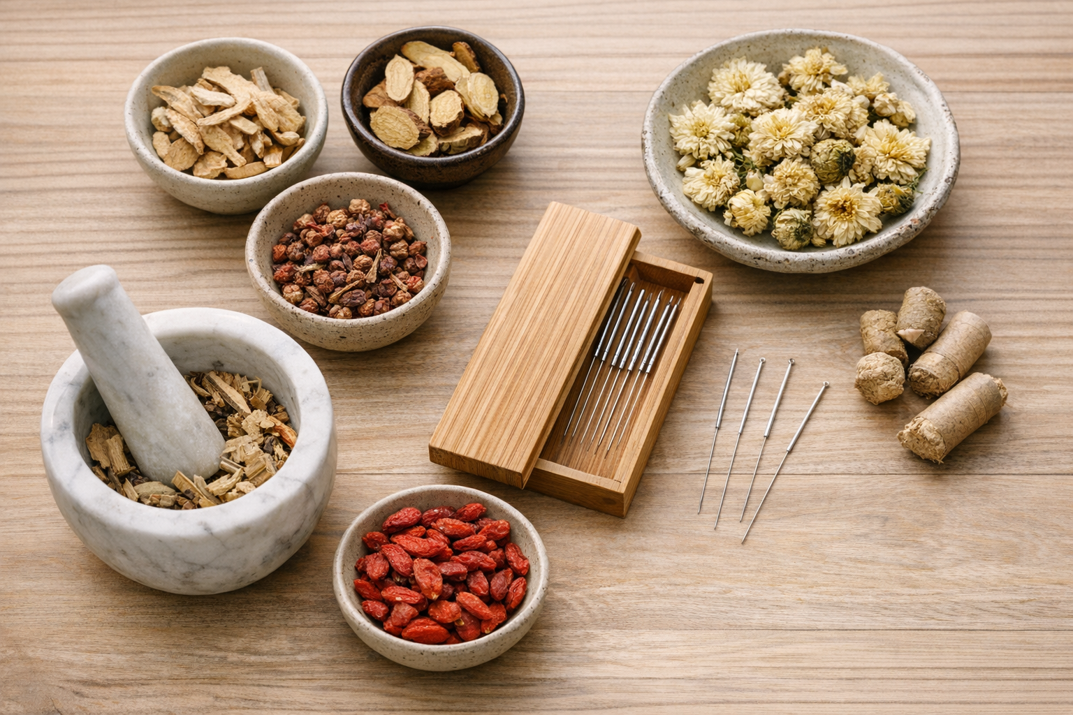 Traditional Chinese Medicine herbs and acupuncture tools